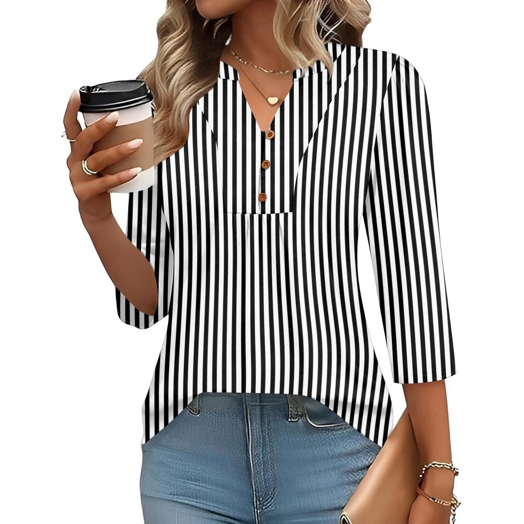 Women's Three-Quarter Sleeve Top, Loose Fit Casual Blouse for Everyday Comfort, Fashion