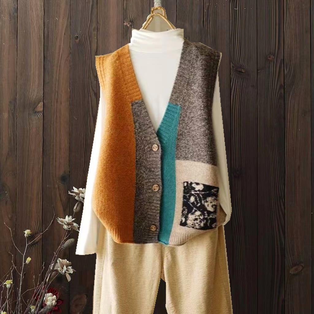 

Винтажный трикотажный жилет Женский кардиган Свободный крой Дизайнерская чувственность Нишевый свитер-жилет Женская верхняя одежда Плечевой жилет XS жёлтый