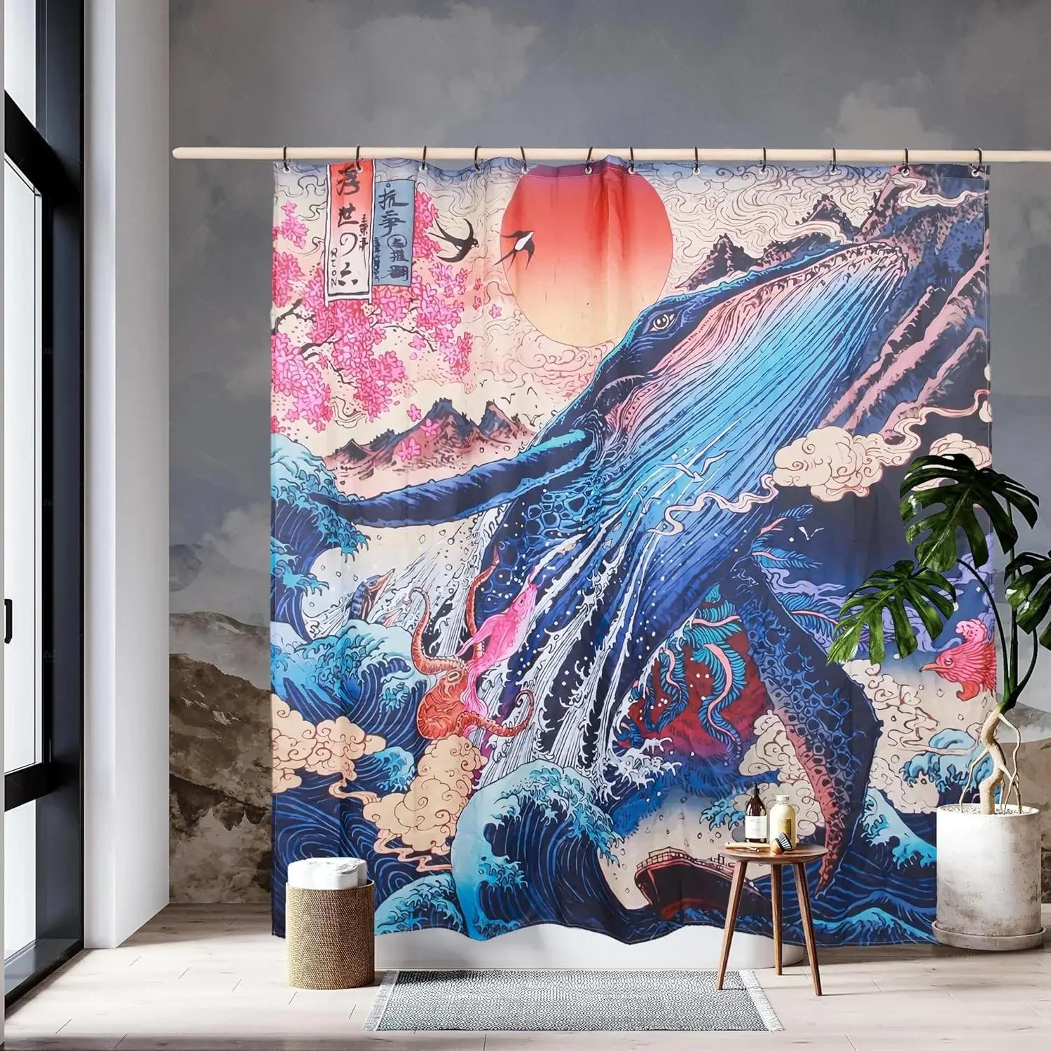

Majestic Whale Breakthrough Shower Curtain-Ocean Art with Mountains Background, Unique Bathroom Decorative Shower Curtain W90XH180cm