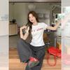 Korean Letter Print Wear with Shoulder Short-sleeved Cotton T-shirt Women's Summer New Versatile Crew Neck Slim-fit Top