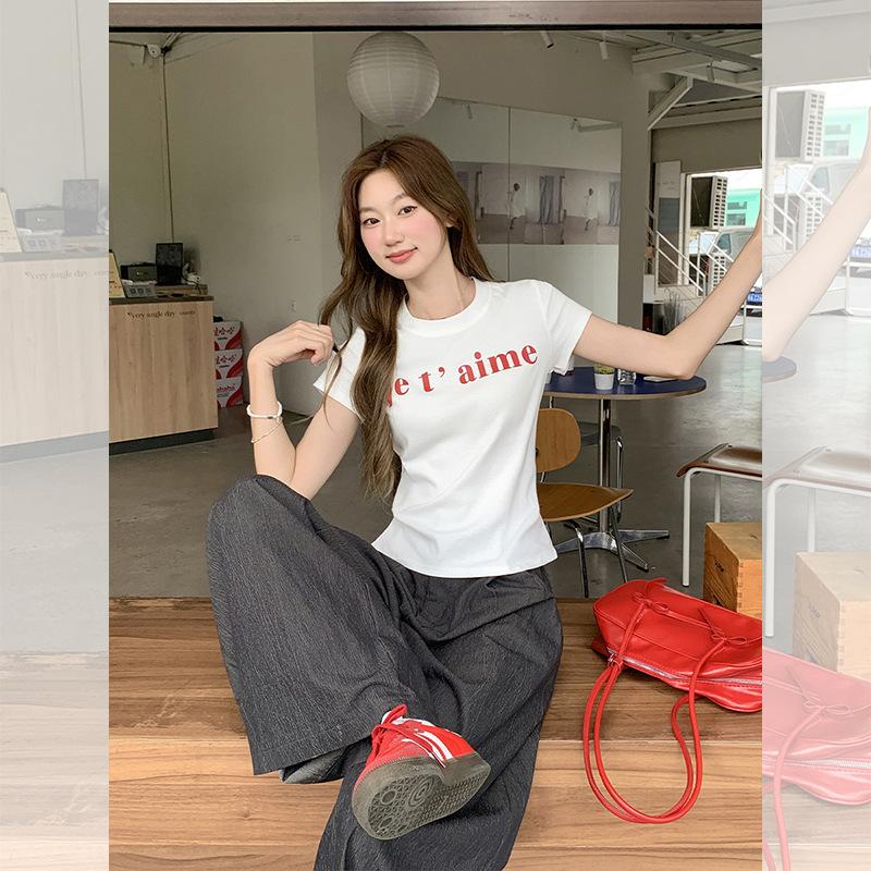 Korean Letter Print Wear with Shoulder Short-sleeved Cotton T-shirt Women's Summer New Versatile Crew Neck Slim-fit Top