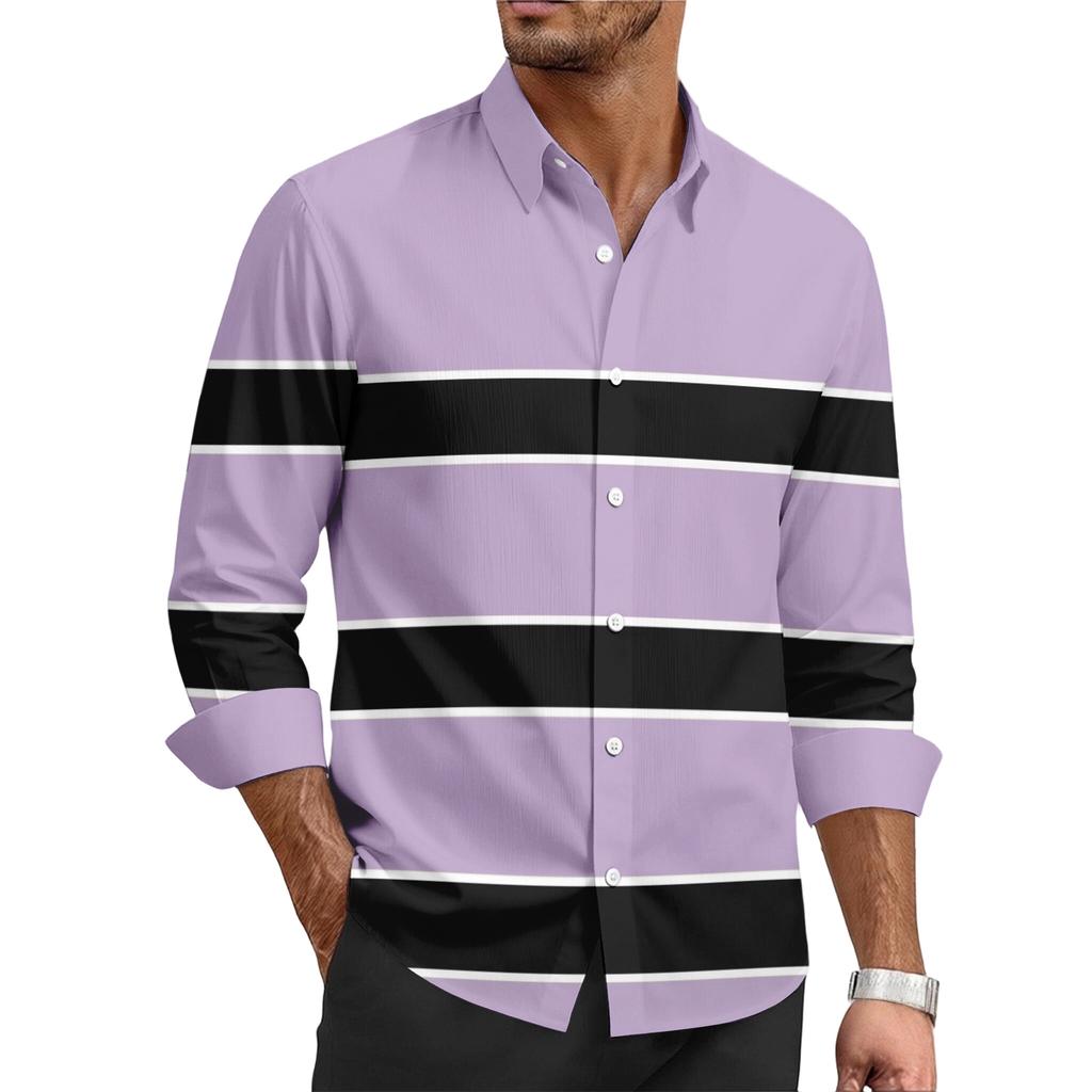 Men's Casual Stylish Striped Printed Shirt - Men's Lapel Buttoned Long-sleeved Shirt