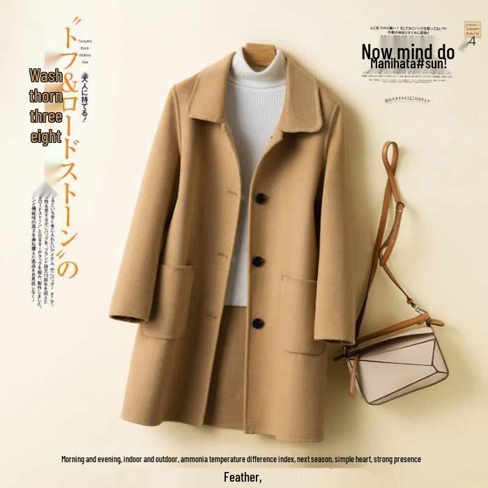 Damski wełniany płaszcz w kolorze wielbłądzim - Jesień/Zima 2025, Koreański styl Hepburna, Luźny krój, Jednorzędowy na wiosnę/jesień