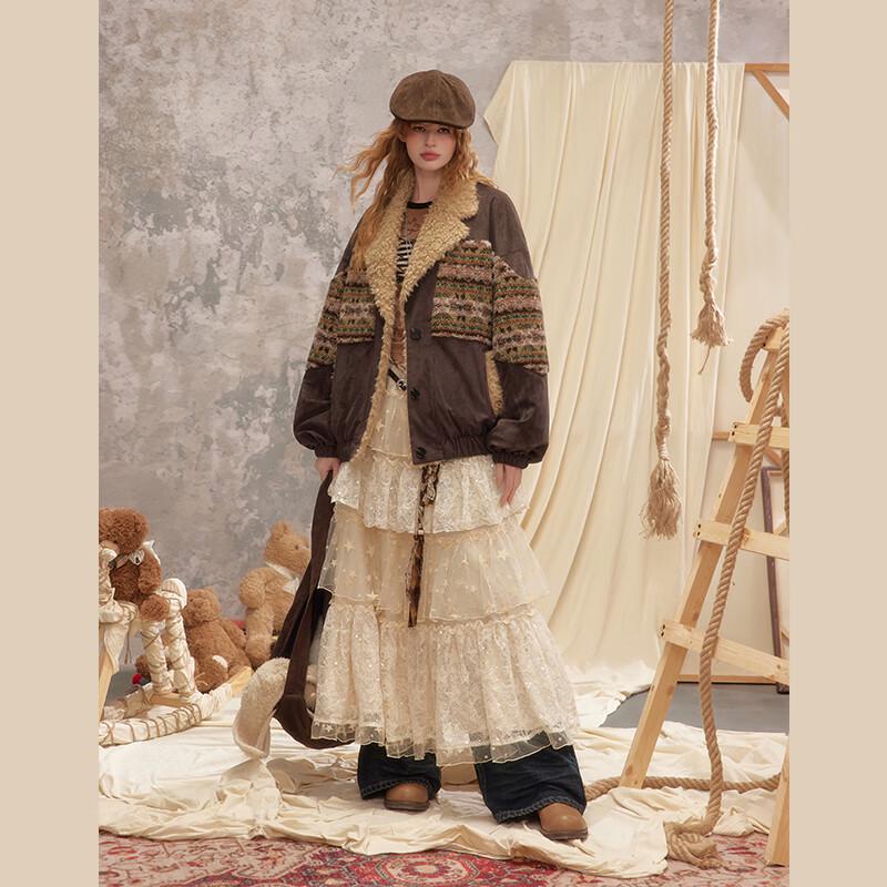 UNIFREE Vintage Fair Isle Suede Patchwork Lamb Fleece Jacket