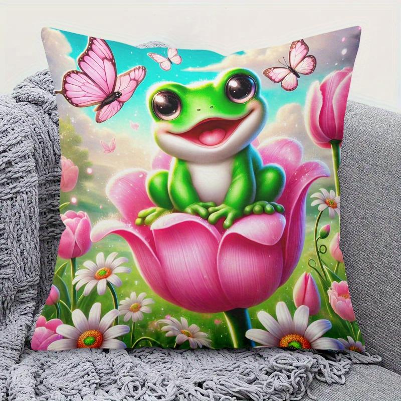 pc D Flat (Pillow Not Included) Happy Frog on Pink Lotus Butterfly Garden Cushion Cover Short Plush Whimsical Nature Decor
