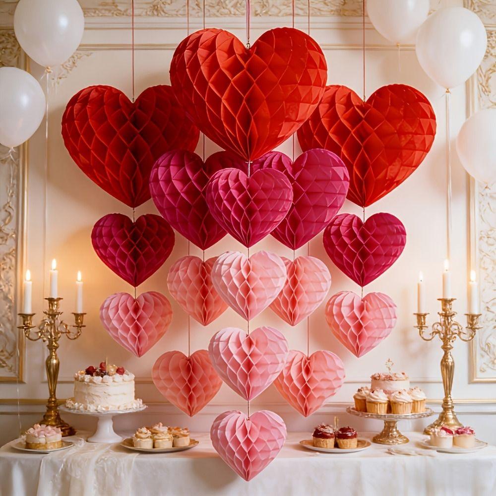 5 Pcs Set Red Pink Colors Honeycomb Party Decorations Hanging Paper Pom-Poms Birthday Party Decor