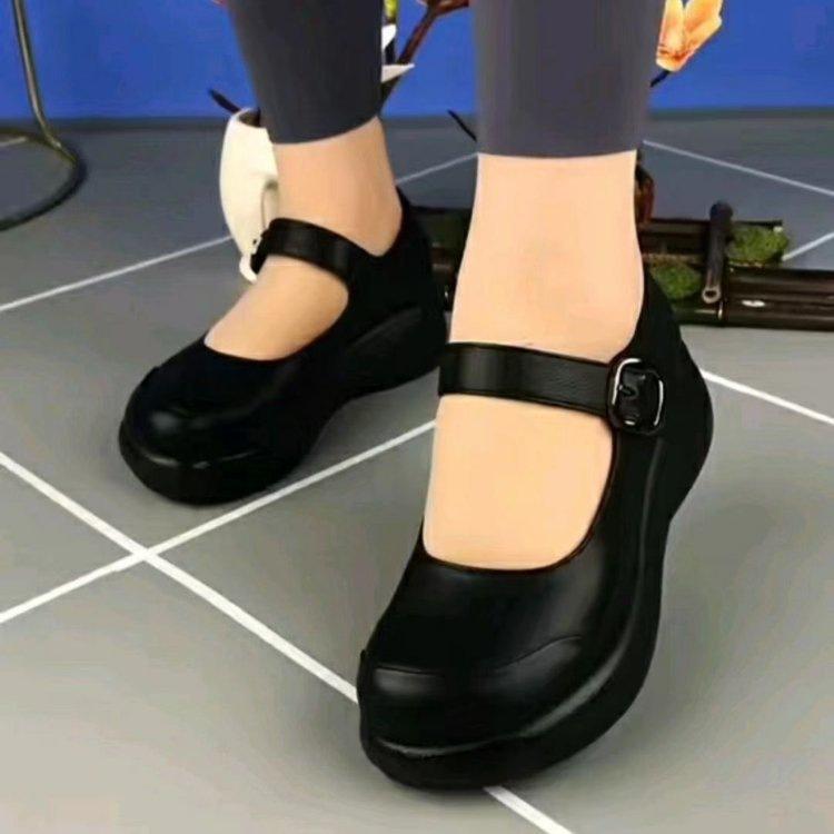 Осенние маффин-платформа женская обувь новая ретро повседневная платформа кожаная обувь мелкие однобортные туфли туфли с круглым носком 35 чёрный