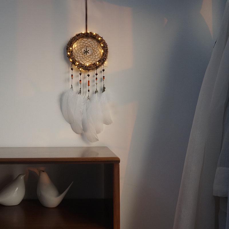 Retro Rattan Dream Catcher Mori Style Night Light Ornament – Cute Woven Home Decoration Pendant 