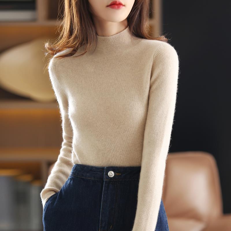 Women's Black Wool Semi-High Neck Base Layer Sweater - Soft, Comfortable, Slimming Fit for Autumn/Winter.
