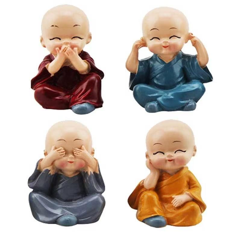 Little Monk Car Dashboard Figurine, Resin Sculpture Chinese Characteristic Ornaments Cute Home Room Office Decoration Suit