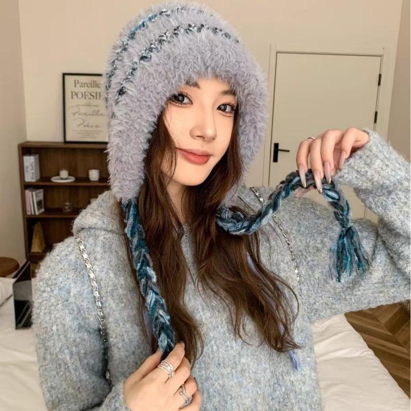 Winter new warm ear protection color rope plush hat women's plush thickened cycling pullover hat versatile windproof knitted wool