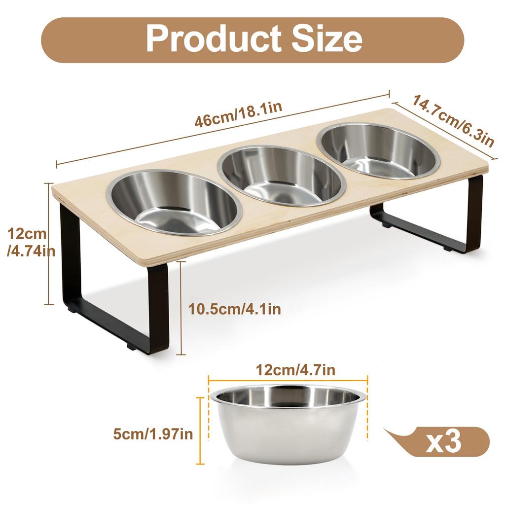 Elevated Cat Bowl Set - 3 Stainless Steel Bowls with 10° Tilted Iron Stand Raised Feeding & Watering Station for Cats