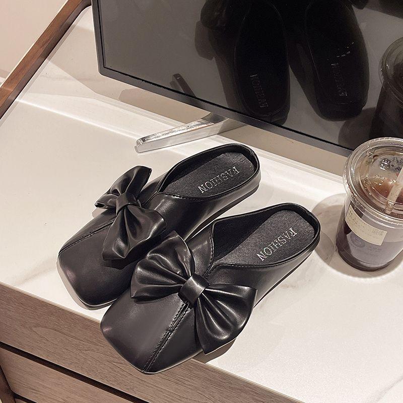 Fashion Shoes for Women Sexy with Bow Flat Woman Mules Slippers Silver Sandals Waterproof Small Size Chic and Elegant Non Slip 39 Slides
