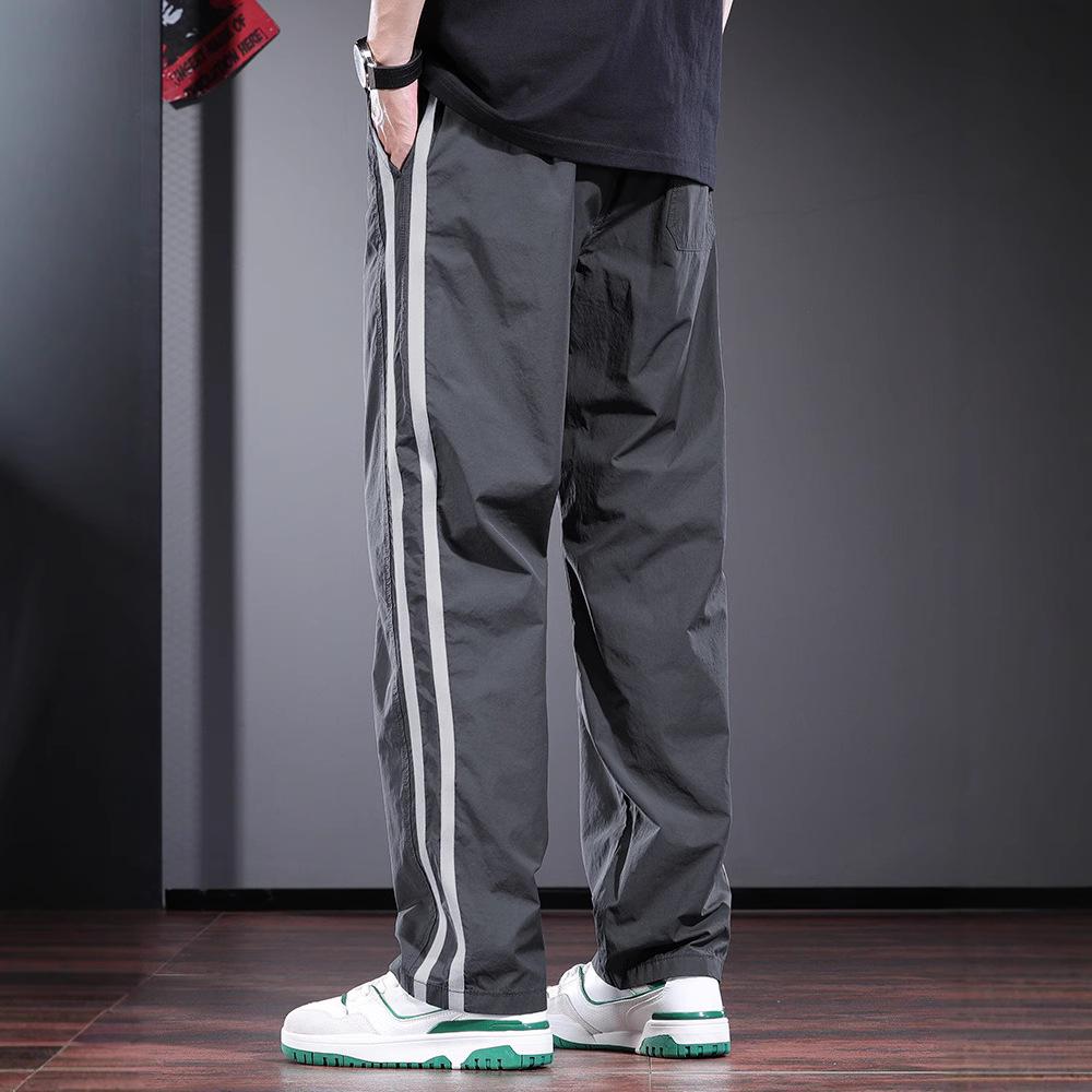 Gray Casual Pants Men's Summer Thin Loose Straight Pants New Striped High Street Trend Drawstring Pants