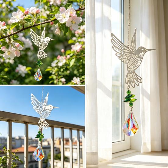 Hanging Metal Hummingbird Suncatcher Prisms Suncatcher Faux Crystal Window