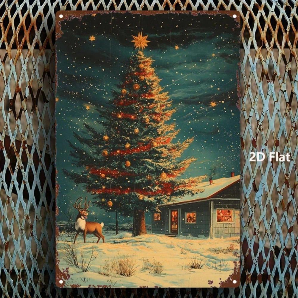 Vintage Christmas Tree & Reindeer Metal Sign, 8x12 Inch Tin Wall Decor for Home Office Bedroom