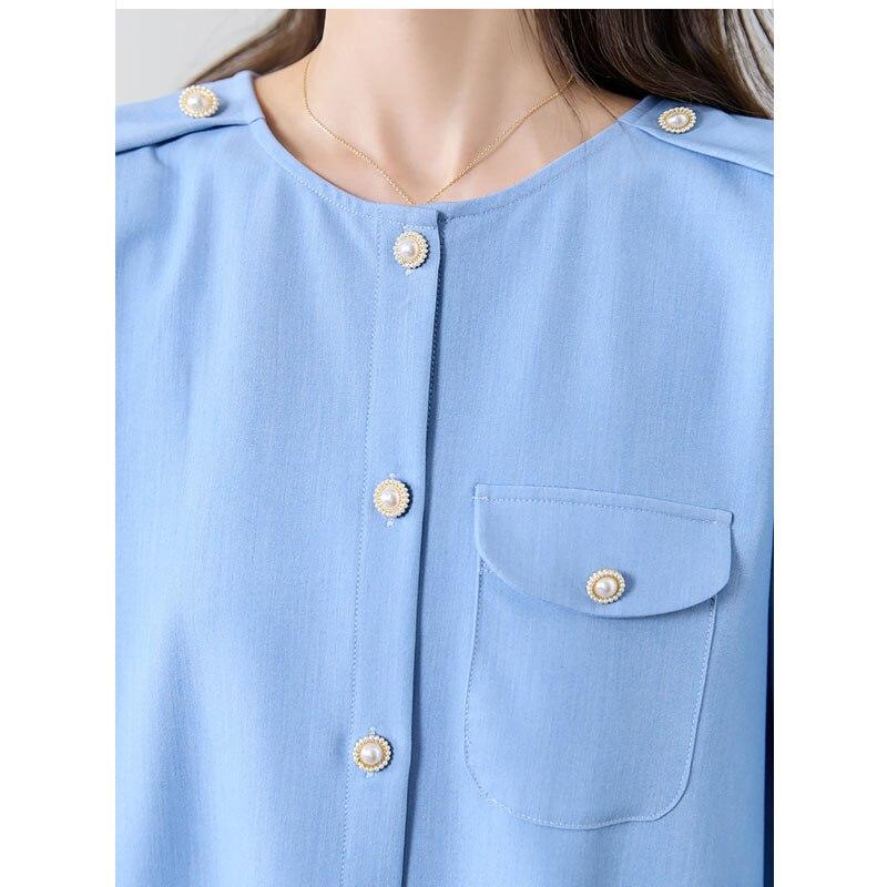 Ofis Bayan Düğmeli Bluz Kadın Moda Mavi Bayan Gömlek Uzun Kollu Kadın Üstleri Rahat Vintage Kadın Giysileri 29313