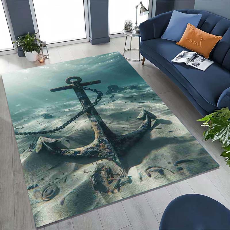 Large, Non-slip Decorative Rug Featuring a Classic Vintage Nautical Anchor Pattern.