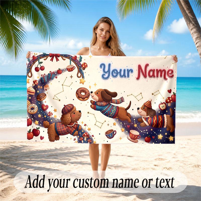 Dog Theme Soft Beach Towel Personalized Custom Name Text Towel Portable for Beach Pool Travel