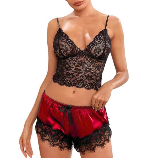 Women Pajama Set Lace Pajama Top Satin Shorts with Black Silk Bow And Lace Trim Sexy Lace Camisole Set for Women Home Sleepwear Gift