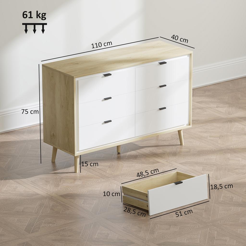 Storage Cabinet, Chest of Drawers with 6 Drawers and 5 Legs for Bedroom, High Gloss White