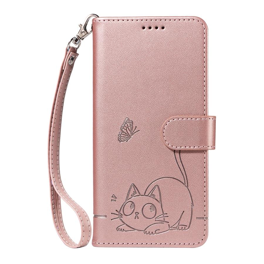 Embossed Butterfly and Cat Flip Case with 3 Card Slots and Stand for iPhone/Samsung/Xiaomi Redmi PU Leather Phone Wallet Case with Hand Strap