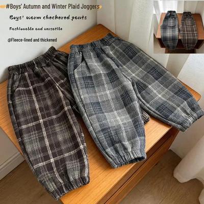 Boys' Thickened Fleece-Lined Plaid Joggers, Winter 2025, Handsome Korean Style