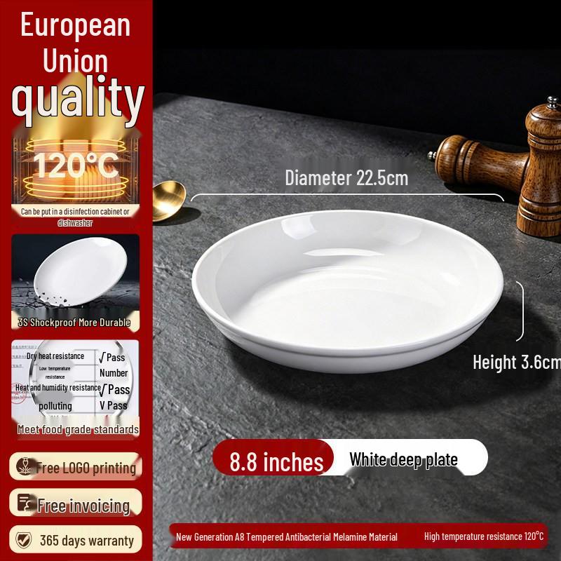 High-End Restaurant-Quality White Melamine Round Plates – Imitation Porcelain Buffet, Fast Food, and Rice Bowl Plates