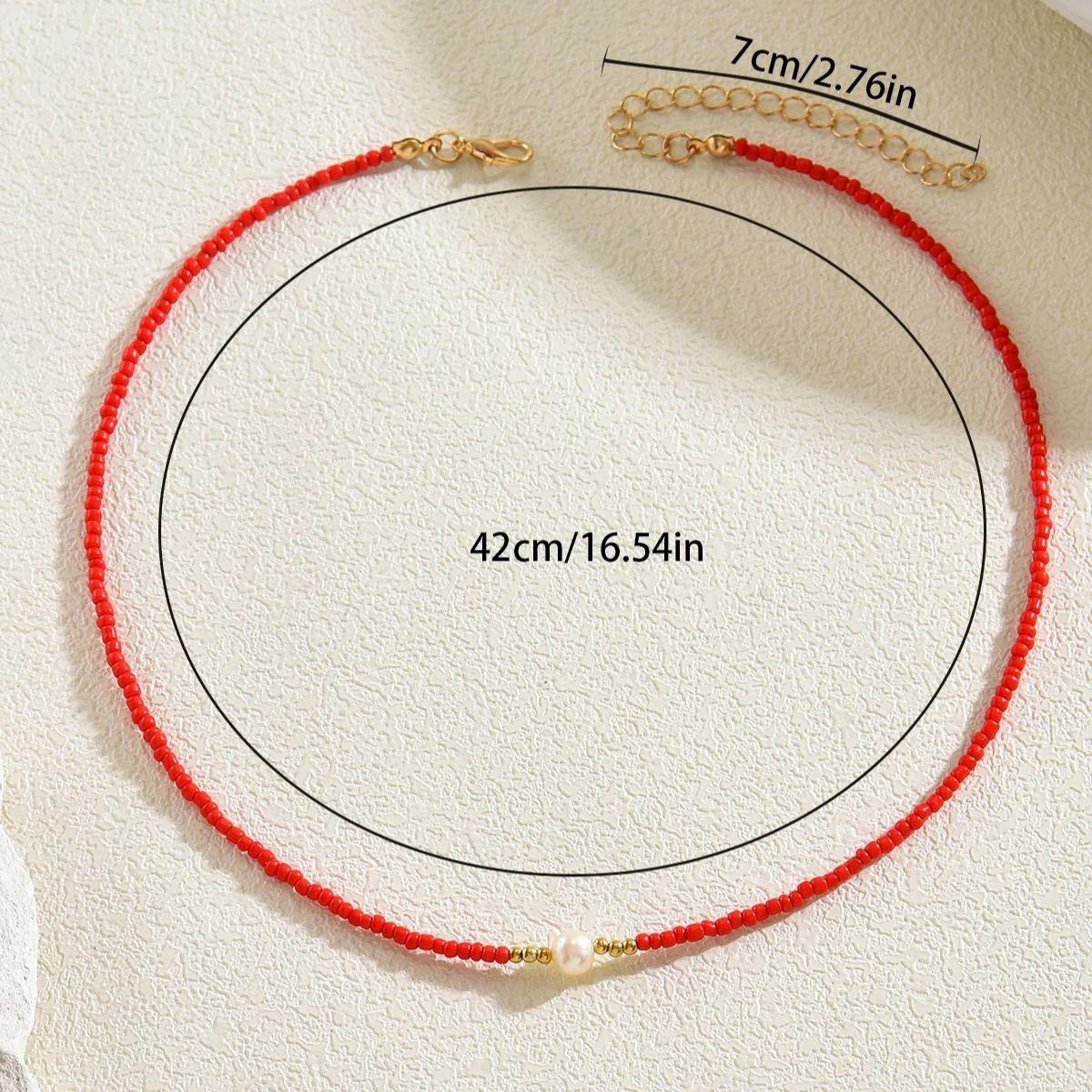 

Trendy Blue/ Red Beaded Imitation Pearl Accent Adjustable Boho Necklace For Women Spring Summer Beach & Daily Wear