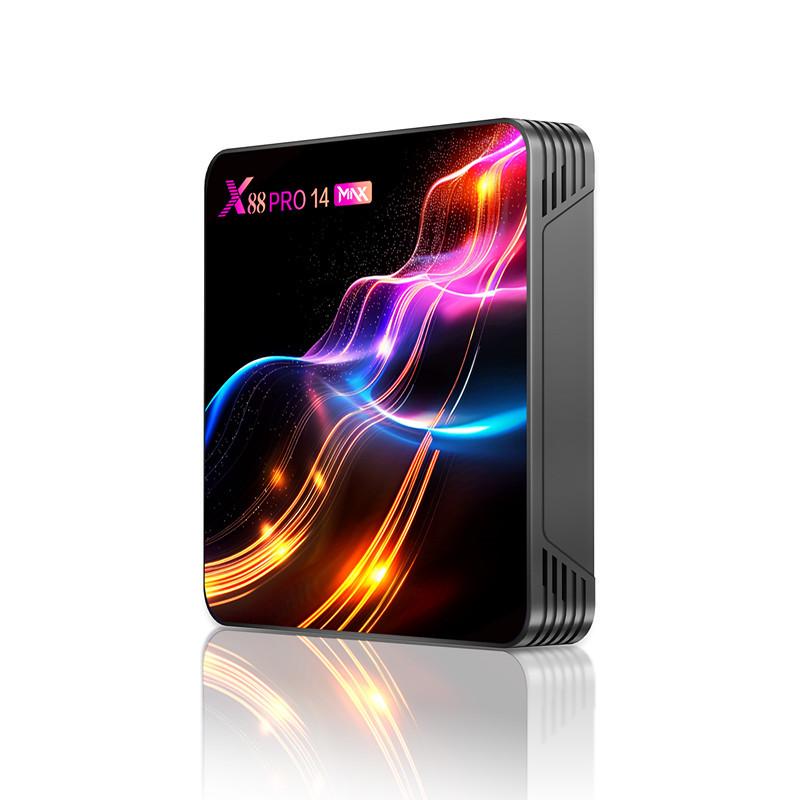 X88 Pro 14 Max Android TV Box: Android 13, RK3528, 4GB RAM, 32GB Storage, Dual Wi-Fi, Bluetooth.