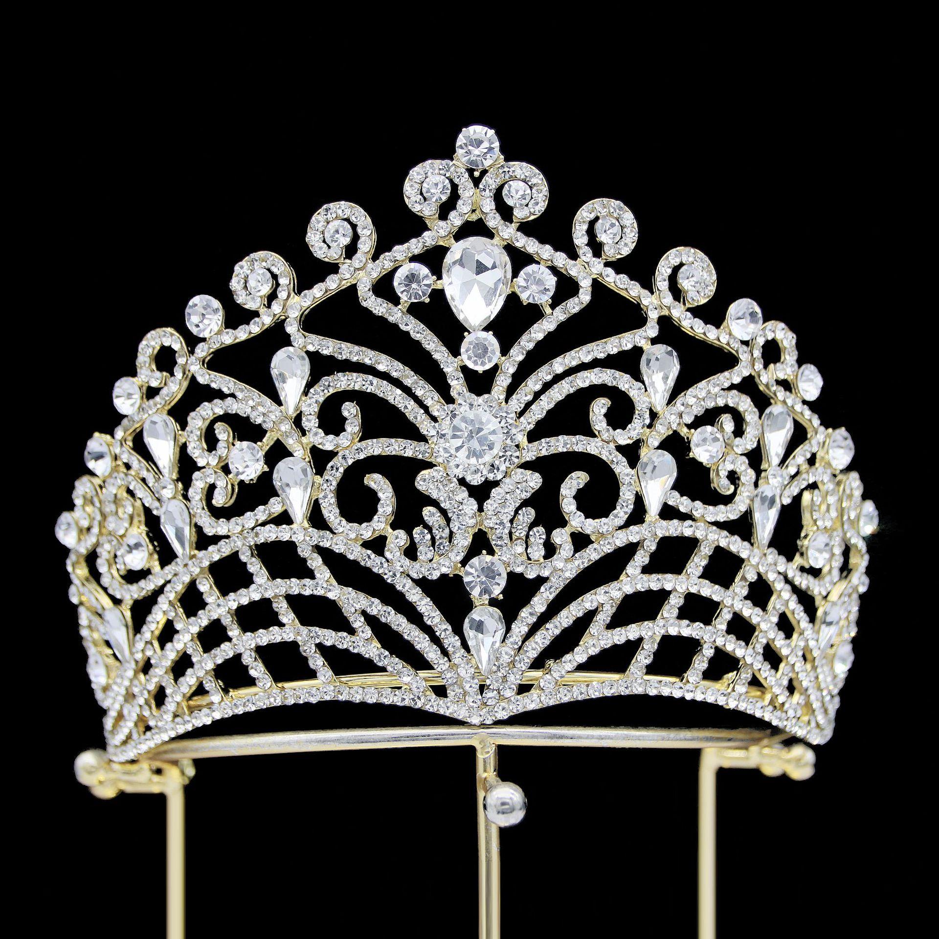 Barock Europäischer und Amerikanischer Schönheitswettbewerb Brautkrone Tiara Legierung Galvanisiert Kristall Hochzeit Stirnband Krone white