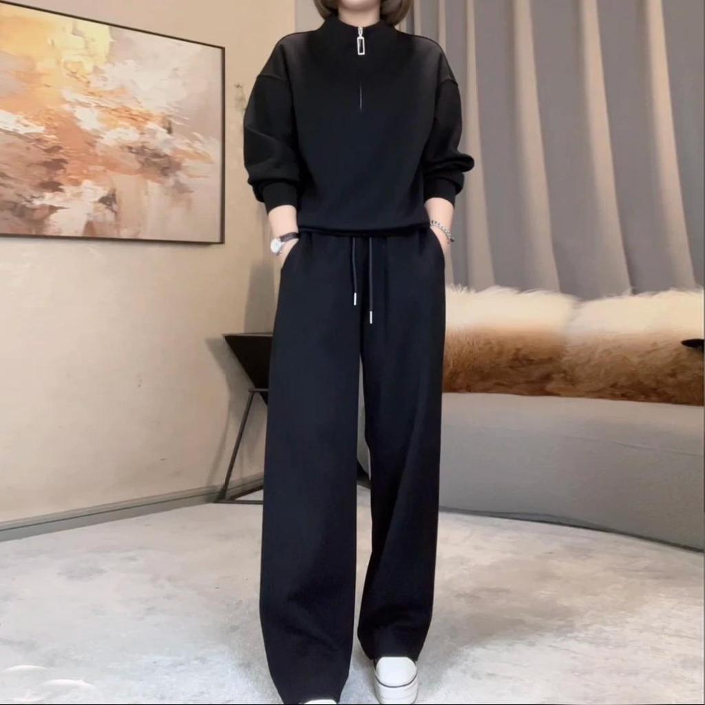 Women's 2025 Spring/Autumn Casual Slimming Sweatshirt Set with Stand-up Collar Design