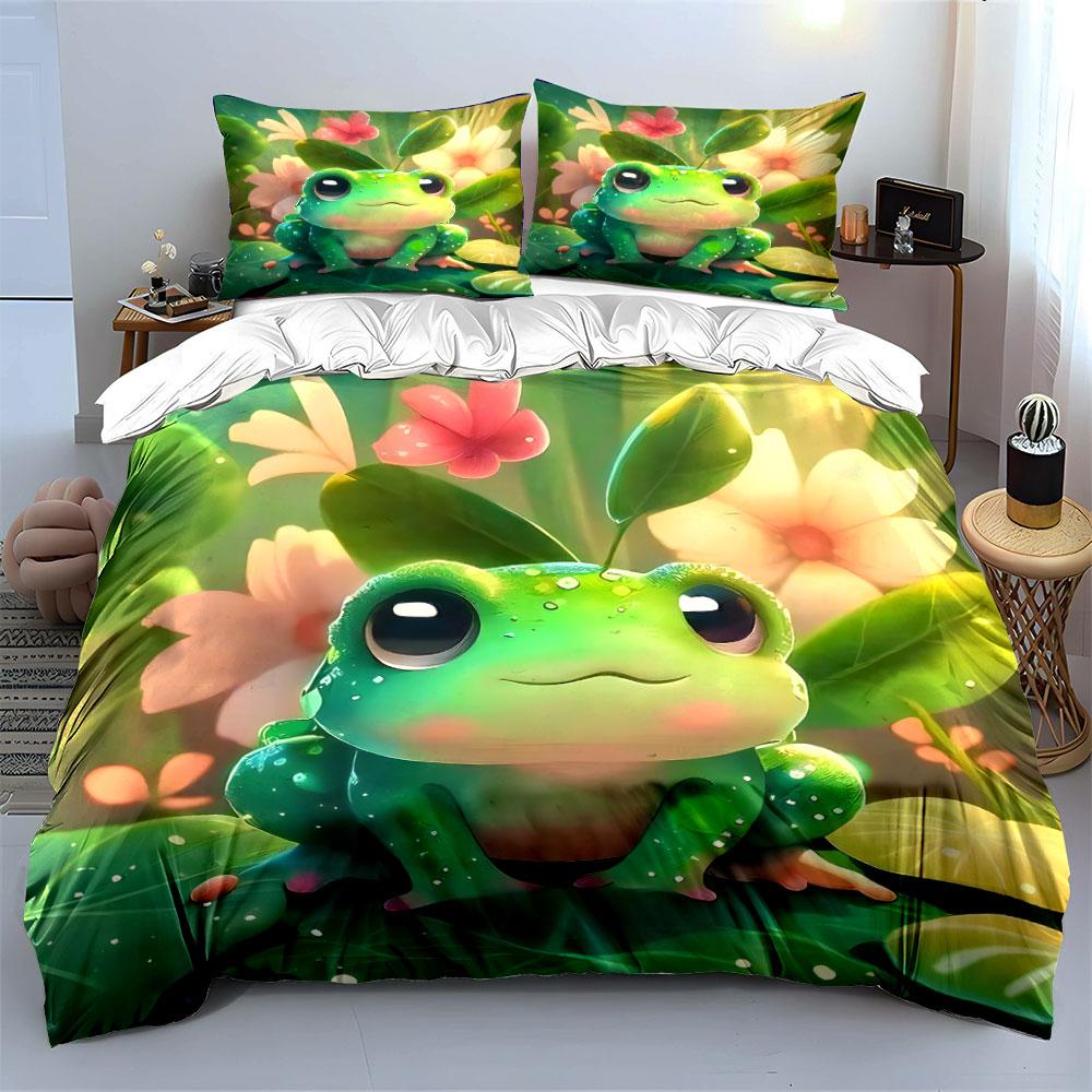 Entzückendes Frosch-Blumen-Blätter-Bettwäsche-Set Mit 3D-Druckdesign Weiches Polyester-Bettwäsche-Set Ganzjahreskomfort