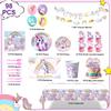 98 pièces Décorations d'Anniversaire Licorne, Ensemble Vaisselle Décorations de Fête d'Anniversaire Licorne - Assiettes de Fête Licorne Nappe Serviettes Ballons Toppers de Gâteau etc