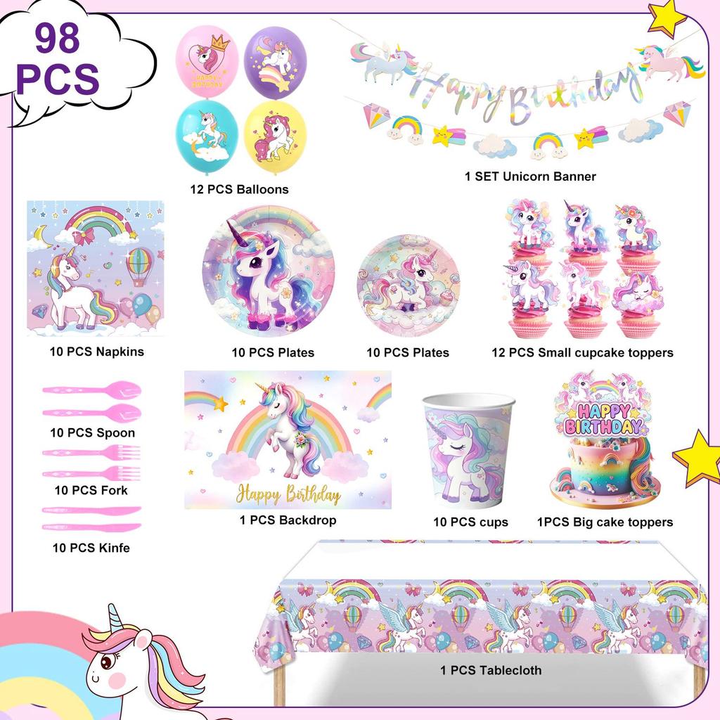 98 pièces Décorations d'Anniversaire Licorne, Ensemble Vaisselle Décorations de Fête d'Anniversaire Licorne - Assiettes de Fête Licorne Nappe Serviettes Ballons Toppers de Gâteau etc