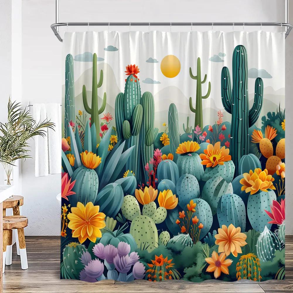 Cactus Cartoon Shower Curtain Desert Green Plant Watercolor Boho Vintage Bathtub Curtain with Hook Home Decorations for Bathro