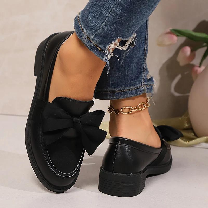 Fashion 2025 Spring Black Bow Tie Loafers Women Preppy Platform Thick Sole Pumps Lady British Retro Style Office Pu Leather Shoes Mujer