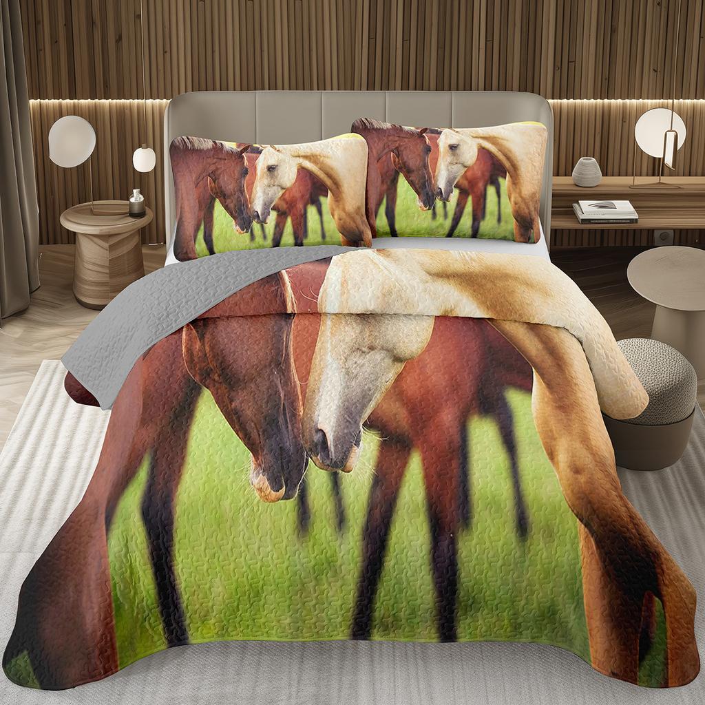 Running Wild Horses Print Quilted Bedspread Coverlet 2/3-Piece Rustic Bedding Set Reversible Lightweight Quilt Set Queen/Full