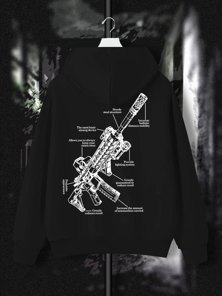 Men Hip Hop Sports Hoodie Gun Structure Diagram Graphic Print Hooded Sweatshirt Casual Loose Long‑Sleeve Pullover Streetwear Tops For Autumn Winter
