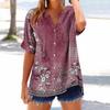 Women's loose printed stand collar short-sleeved cotton and linen top