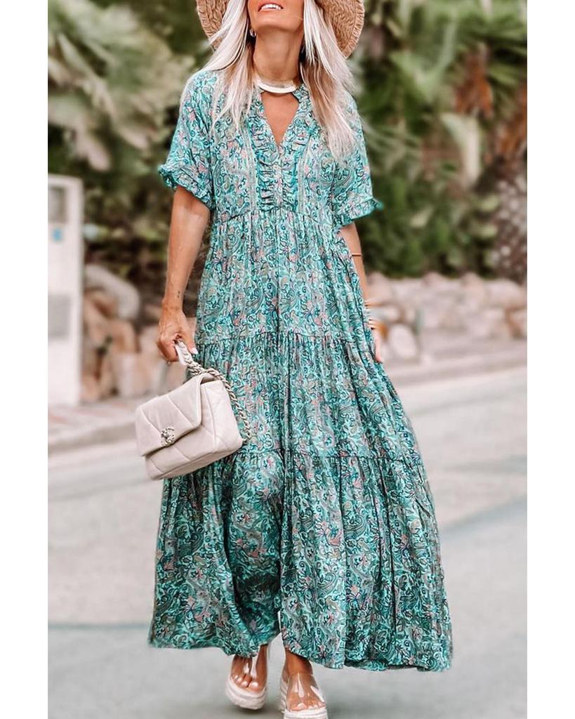 Azura Exchange Boho Paisley Print Ruffle Tiered Maxi Dress