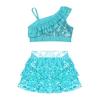 Set Top Scurt cu Paiete și Volane, Design Asimetric pe Umeri, cu Pantaloni Scurți Strălucitori cu Volane pe Niveluri, pentru Competiție de Dans