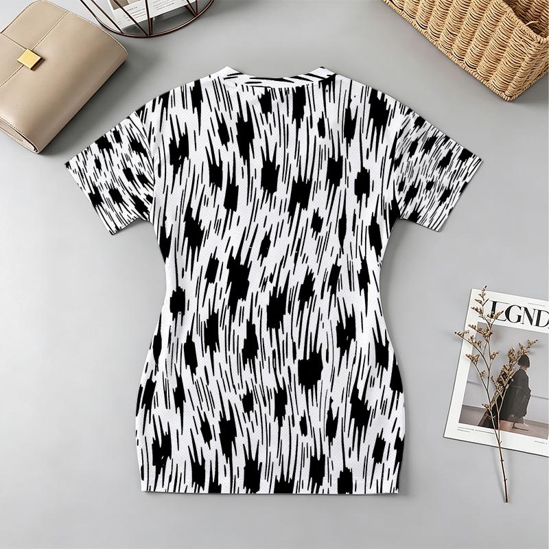 Women's Black & White Short-Sleeve V-Neck Slim Fit Bodycon Mini Skirt, Versatile Soft Comfy for Daily, Vacation & Short Trips.