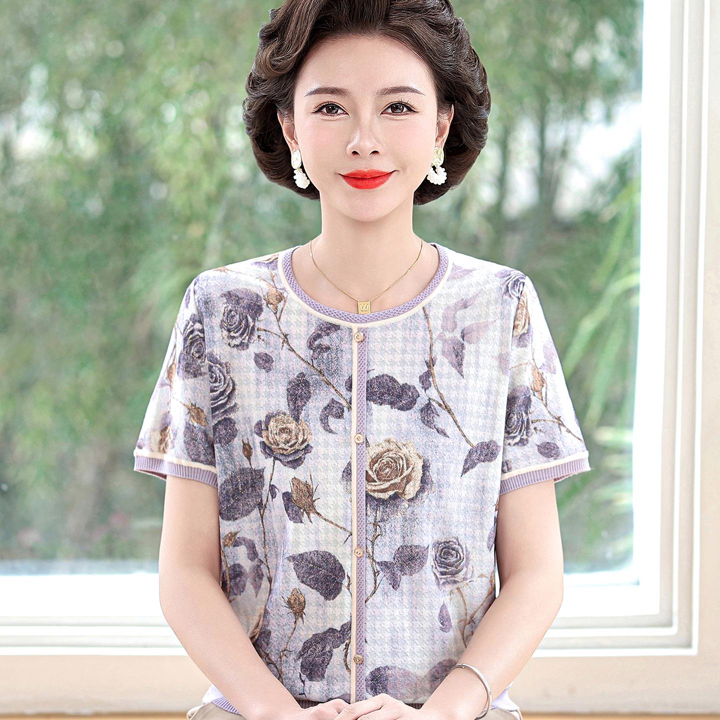

Mid-Sleeve Round Neck T-Shirt for Middle-Aged Women (50-60) 2XL [recommended 120-140 catties]