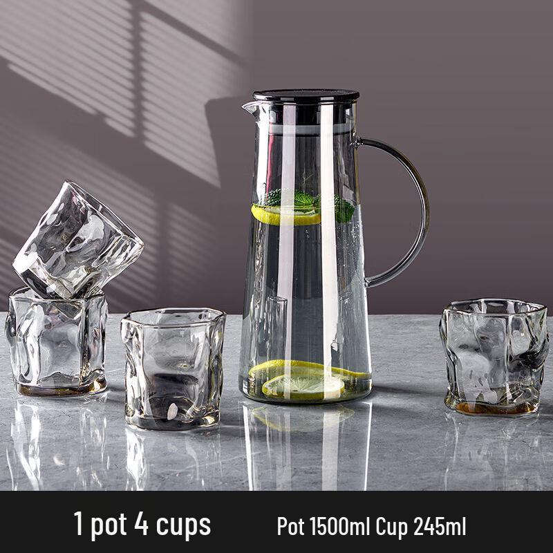 Nordic Style Heat-Resistant Glass Water Pitcher Set 4 Grey Twisted Cups