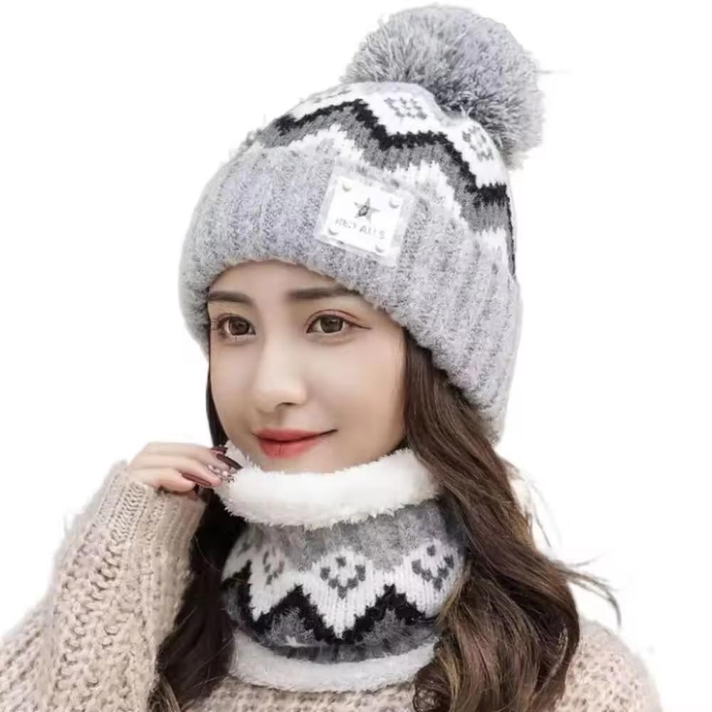 2PCS Winter Women Plush Velvet Hats Neck Warmer Hat Scarf Set Beanies Cycling Windproof Hat Outdoor Ear Protection