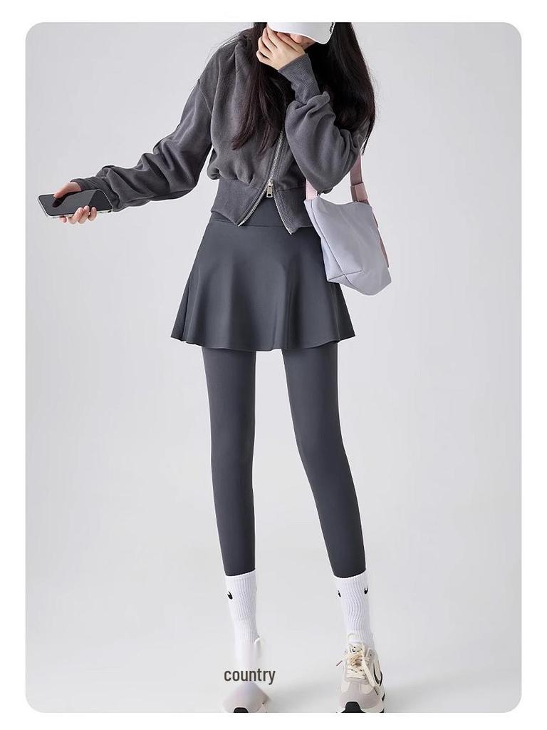 Women's Fleece-Lined Two-Piece Yoga Pants & Skirt - High-Waisted, Thickened for Slimming, Ideal for Autumn/Winter Fitness & Outerwear.