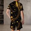 Men s Plus Size Round Neck Short Sleeve Printed Top And Drawstring Shorts With Pockets Two Piece Set Black Blue Green