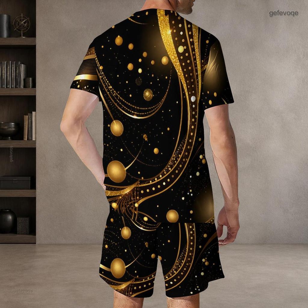 Men s Plus Size Round Neck Short Sleeve Printed Top And Drawstring Shorts With Pockets Two Piece Set Black Blue Green