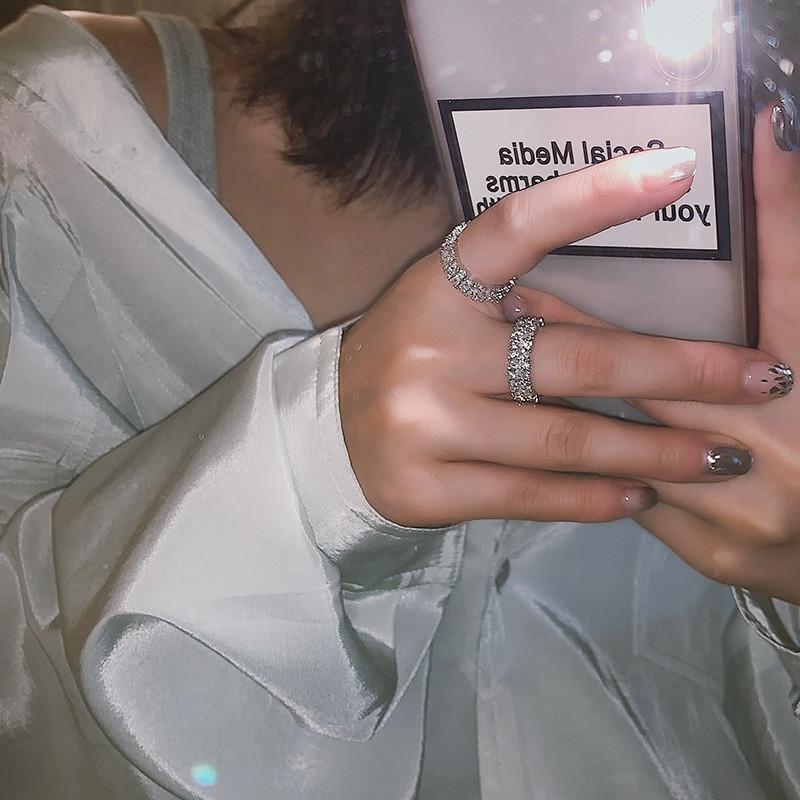 Korean Style Elegant Adjustable Silver Finger Ring With Sparkling Diamonds Women For